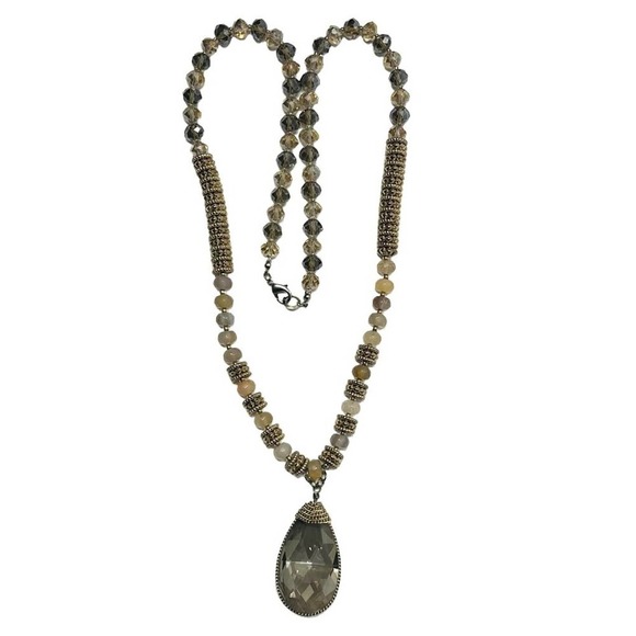 Beaded Necklace with Teardrop Pendant Earthy Tones Glass Long Fashion Jewelry - Picture 3 of 6